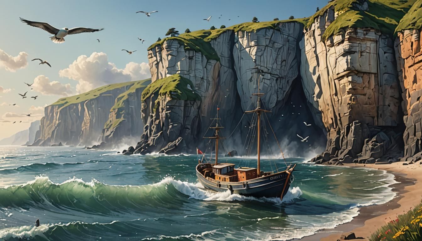 Watercolor Boat on Sea With Cliffs and Gulls