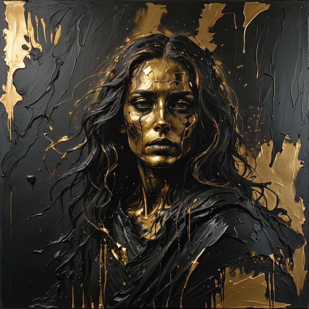 Biblical Despair: Black Soul Painting with Golden Highlights