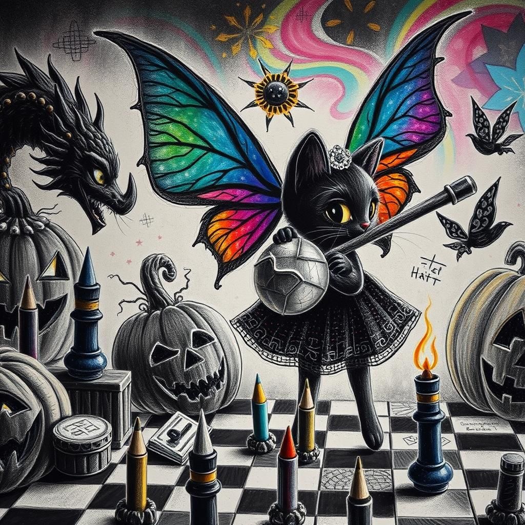 Black Cat Witch with Art Supplies, Children's Illustration