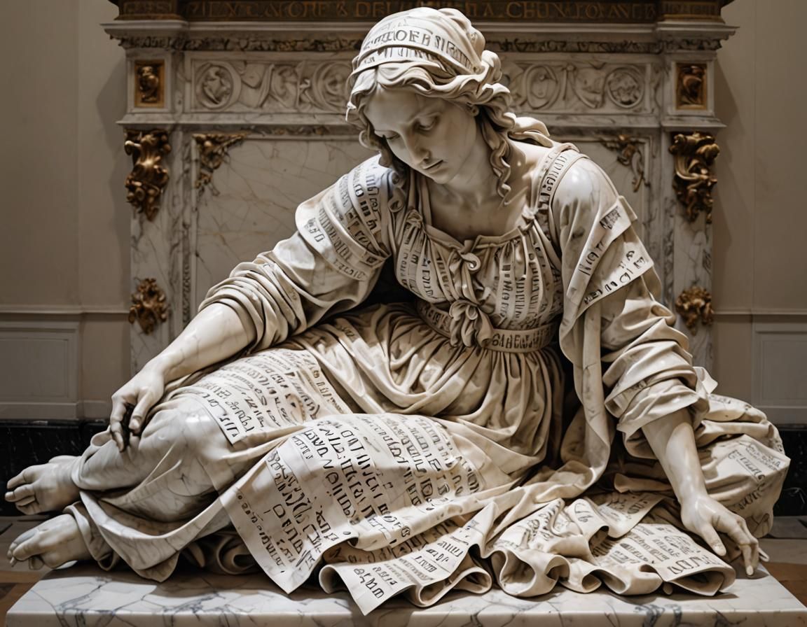 Baroque Marble Sculpture Covered in Printed Words