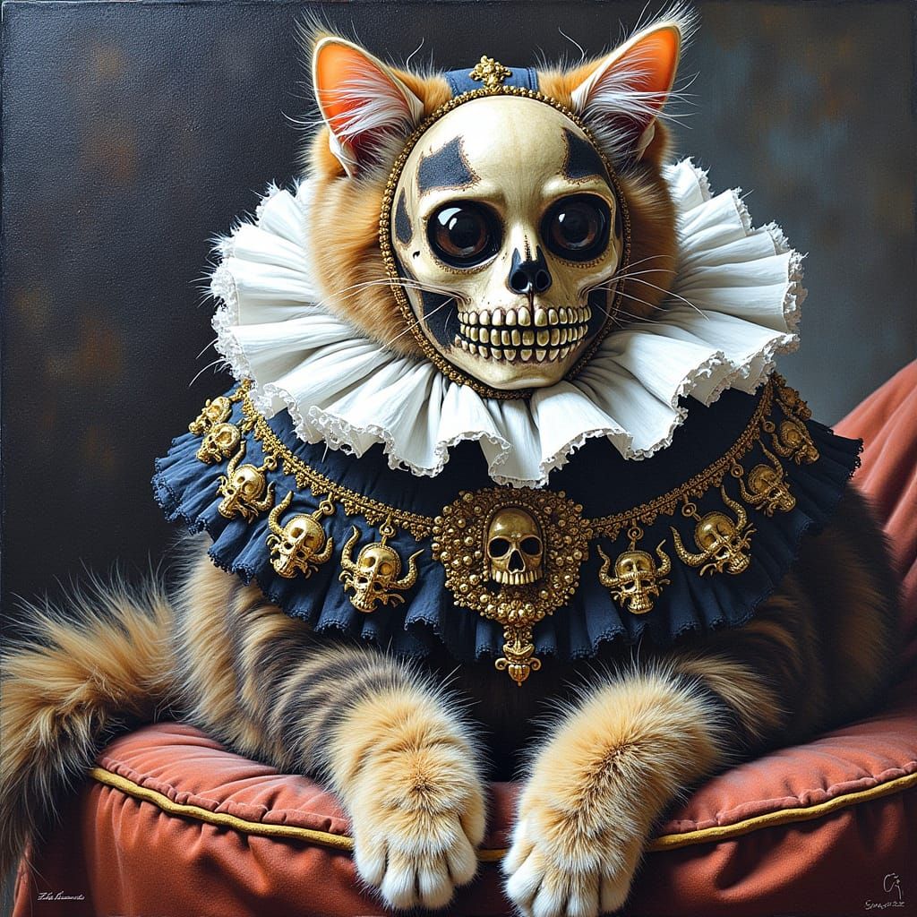 Regal Cat in Baroque Skeleton Costume