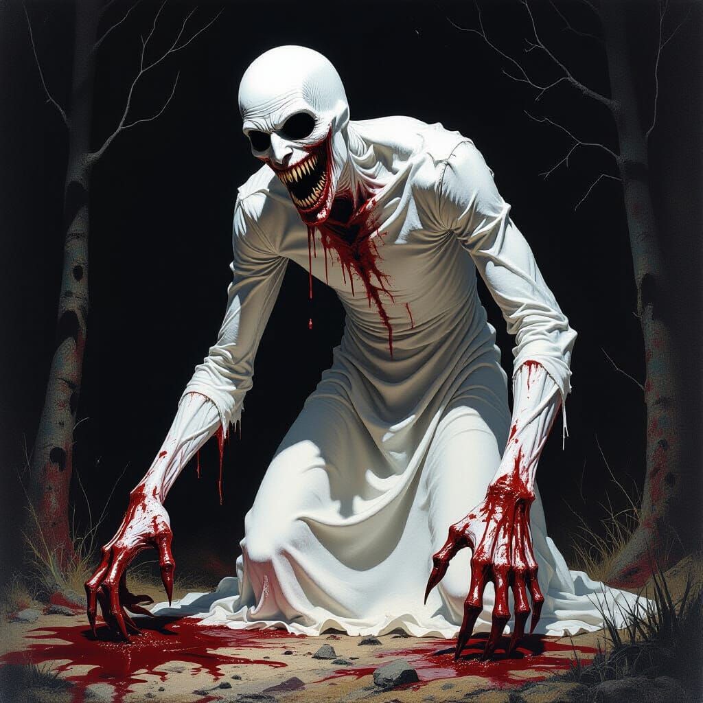 Horror Figure in Blood-Splattered Forest