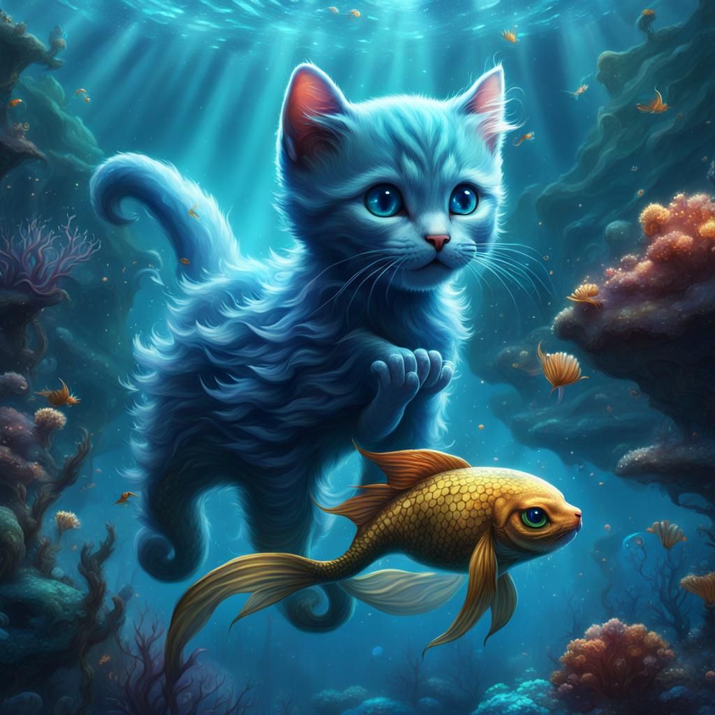 Mythical Blue Kitten Mermaid Tail: Detailed Digital Painting