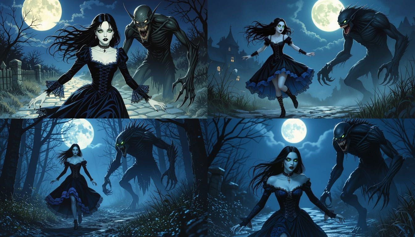 Gothic Woman Flees Monster Under Moonlight
