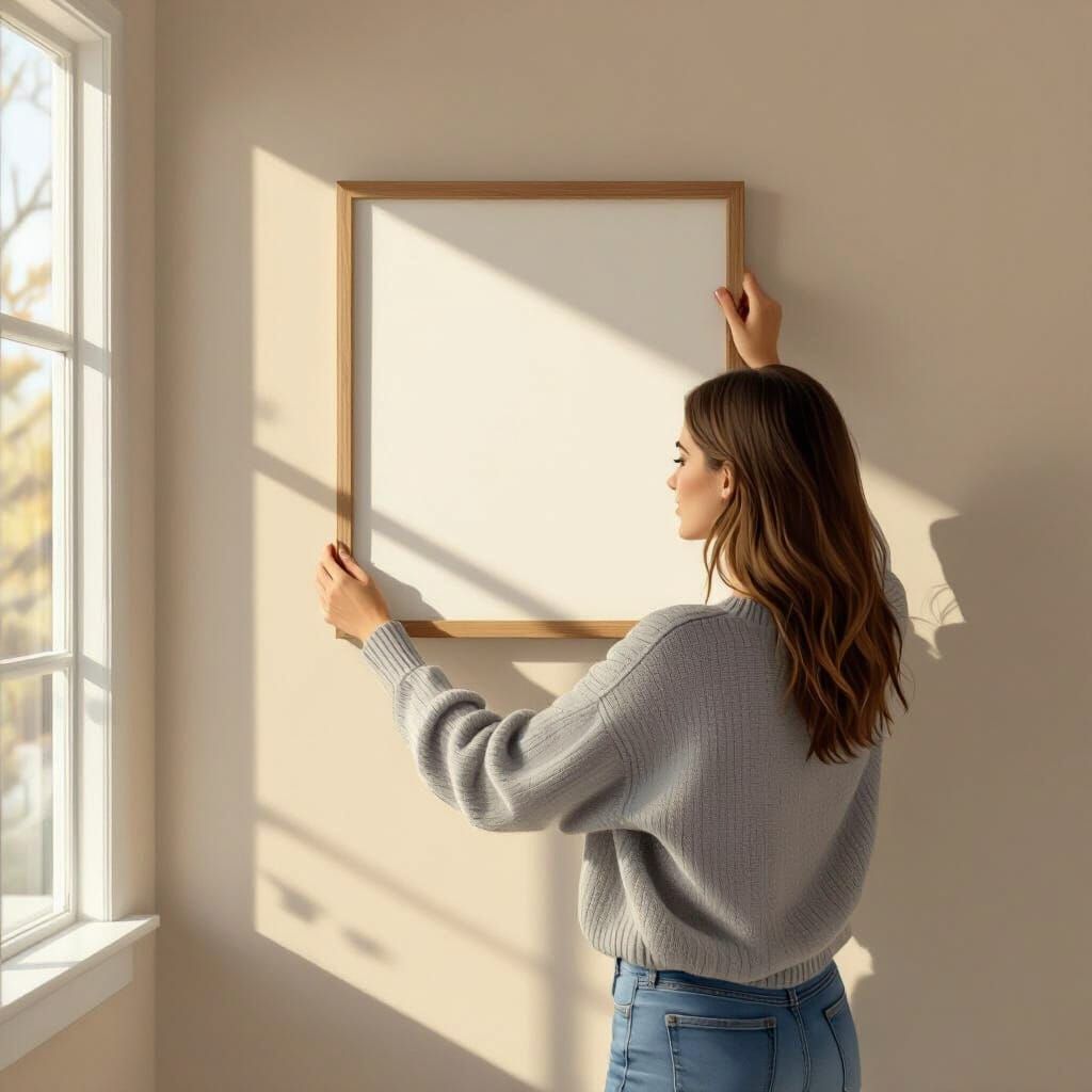 Woman Hangs Empty Frame in Sunlit Apartment Entryway