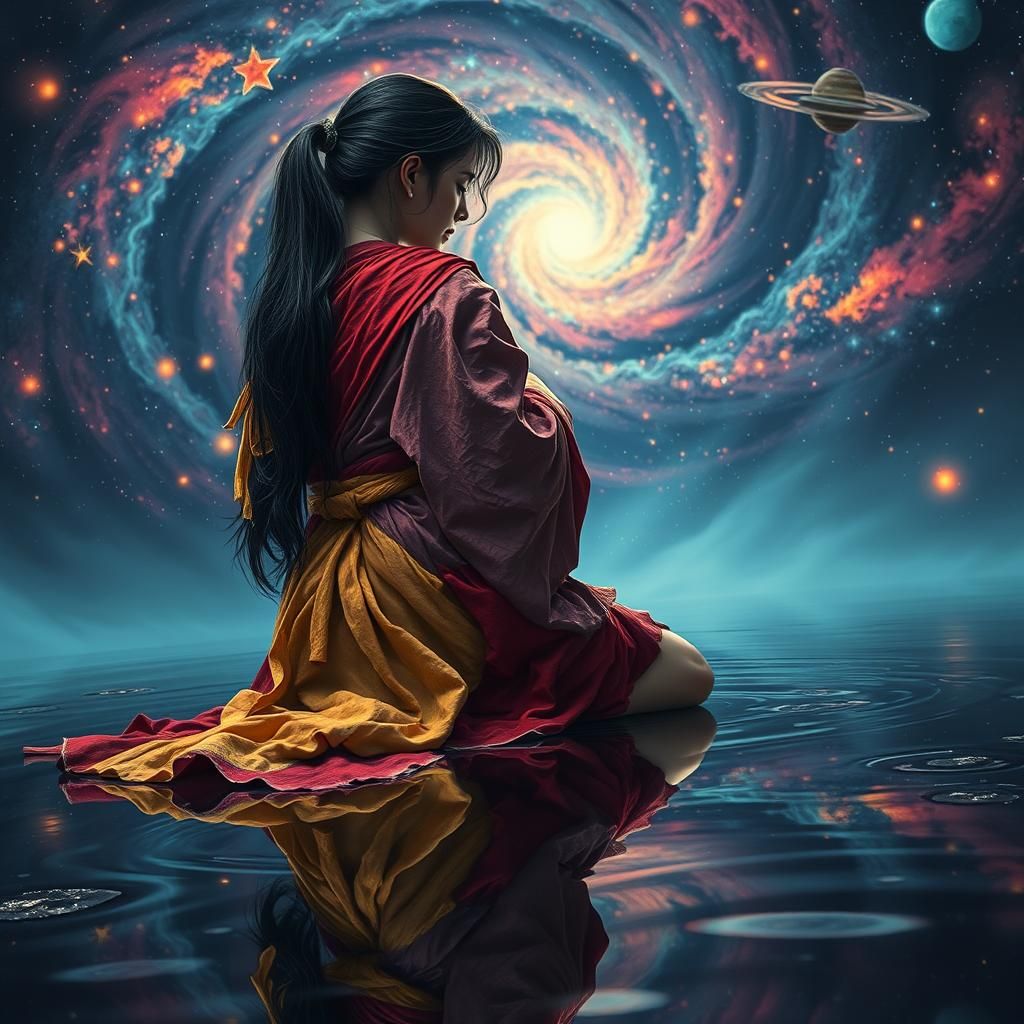 Female Monk Kneeling in Mirrored Reflection