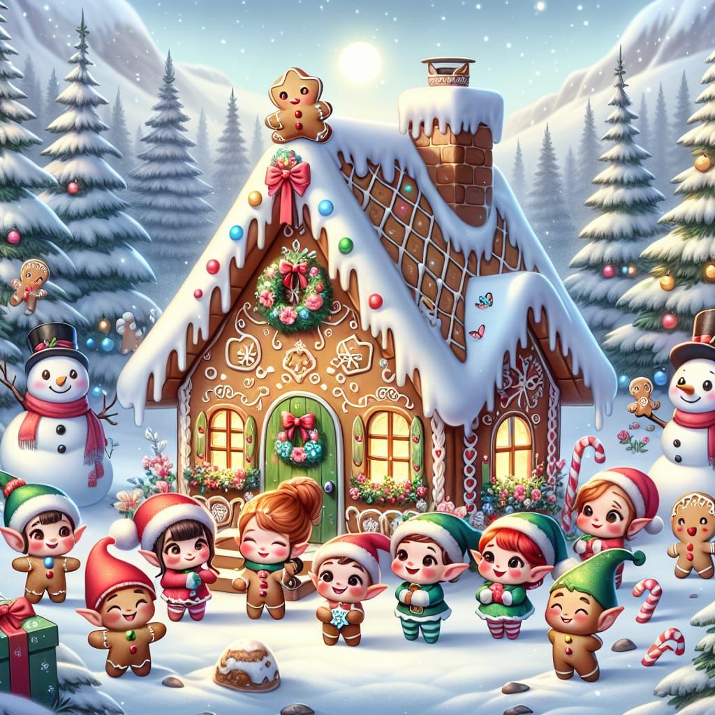 Whimsical Gingerbread House in a Snowy Wonderland Scene