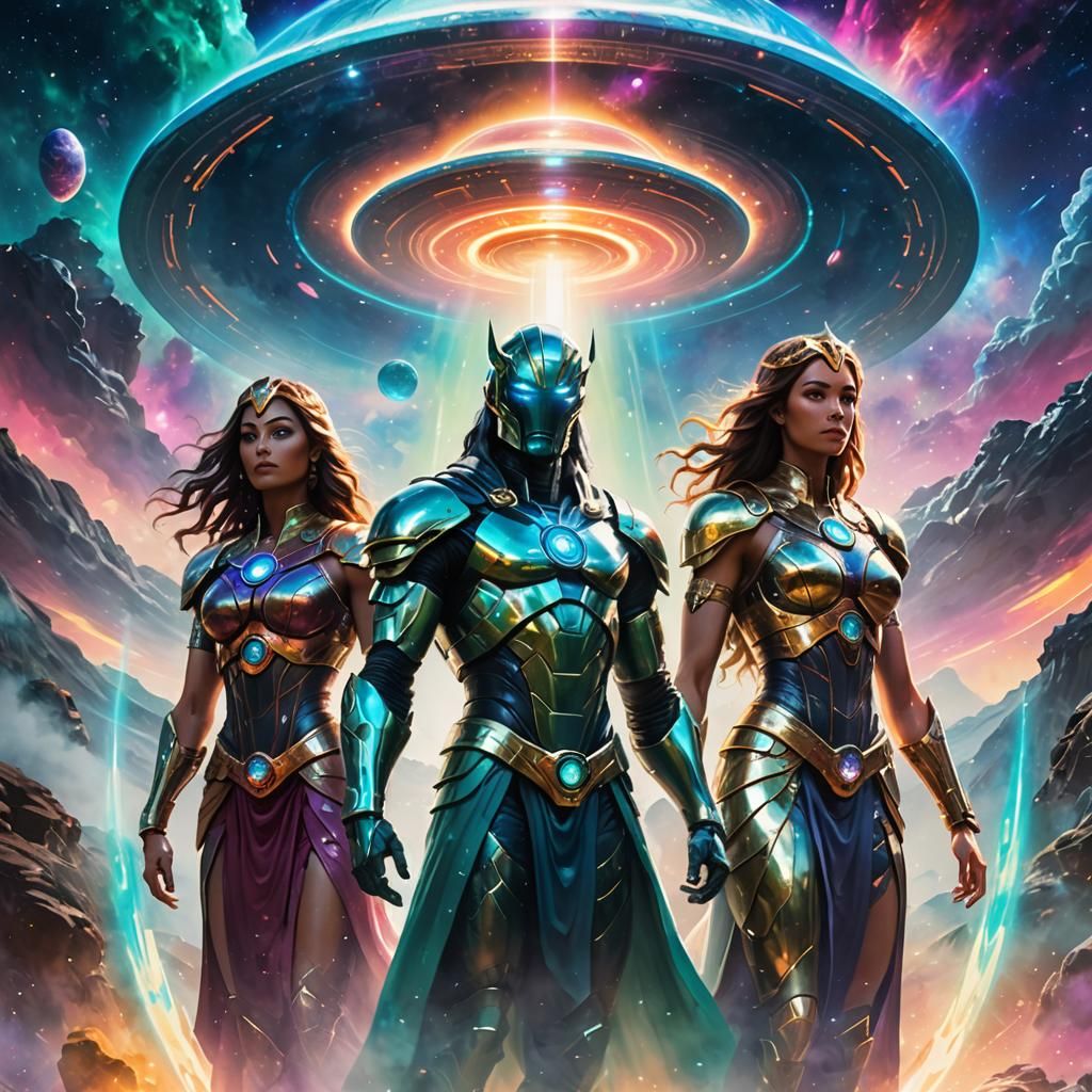 Android Warrior Goddesses with Flying Saucer