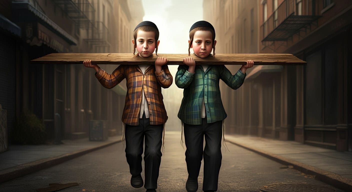 Hasidic Boys Carry Plank for Bonfire on Urban Street