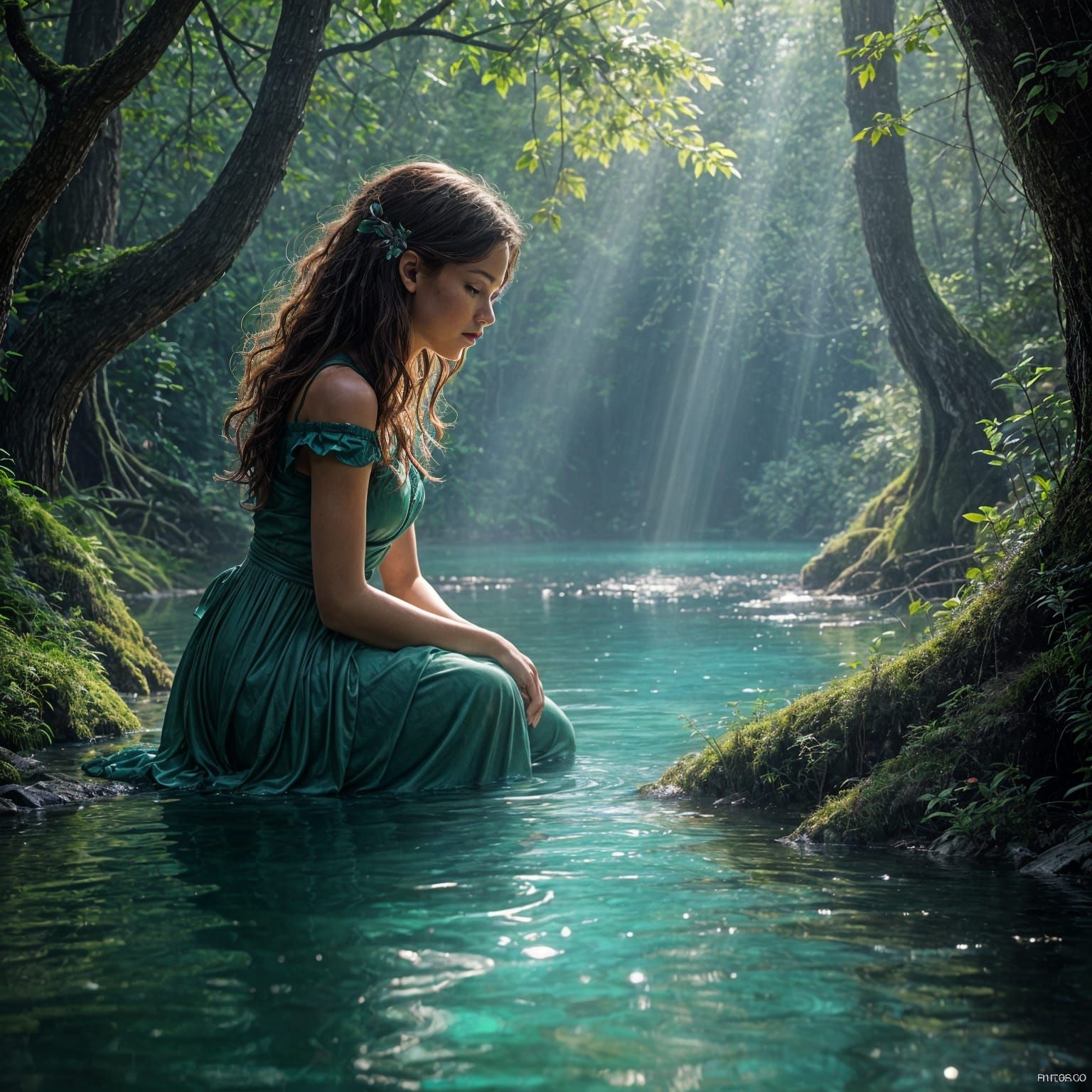 Girl Sees Old Woman's Reflection in Forest Pool