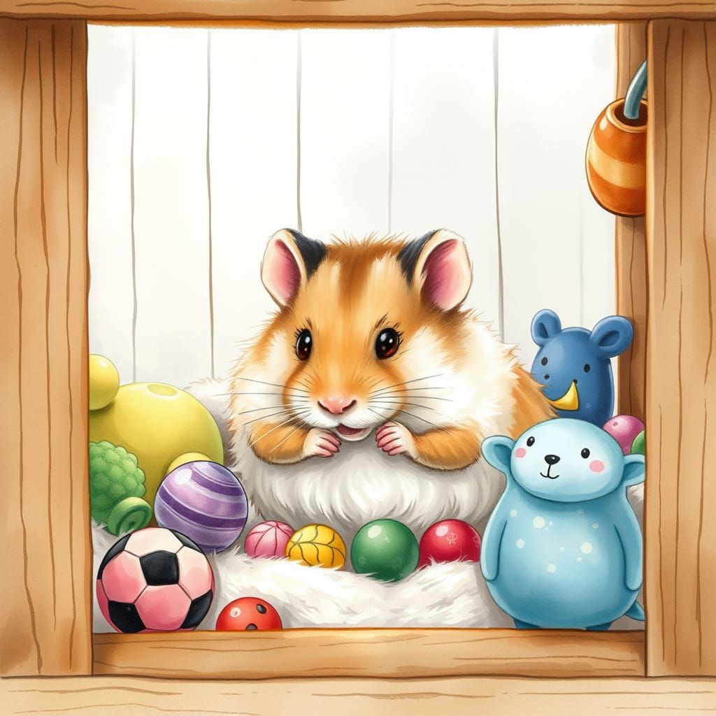 Whimsical Hamster in Cozy Cage: Storybook Illustration
