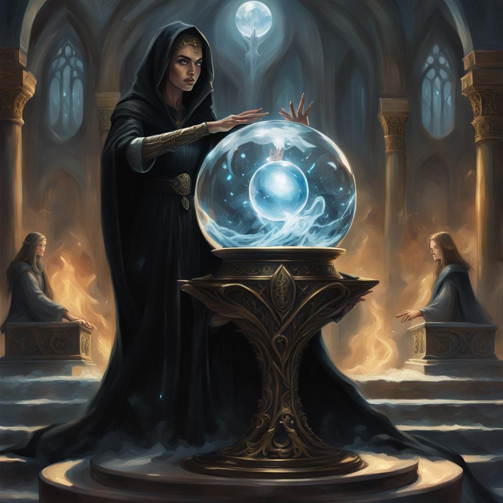 High Elf Gazing into Crystal Ball, Fantasy Illustration