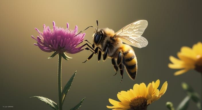 Vibrant Bee in Flight, Set Against a Warm Golden Light
