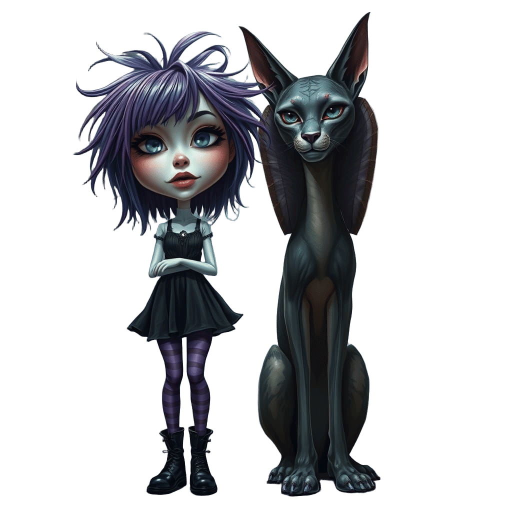 Surreal Caricature: Girl and Sphinx Cat in Dark Fantasy