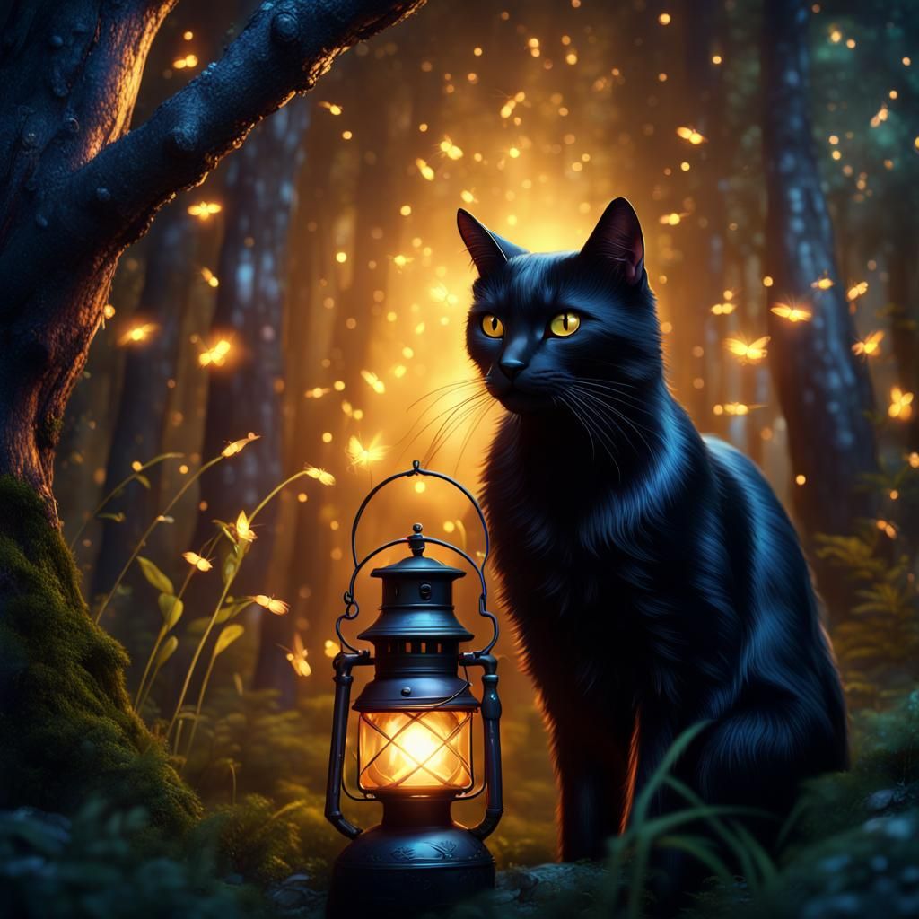 Black Cat Lantern in Magical Forest: Fantasy Art