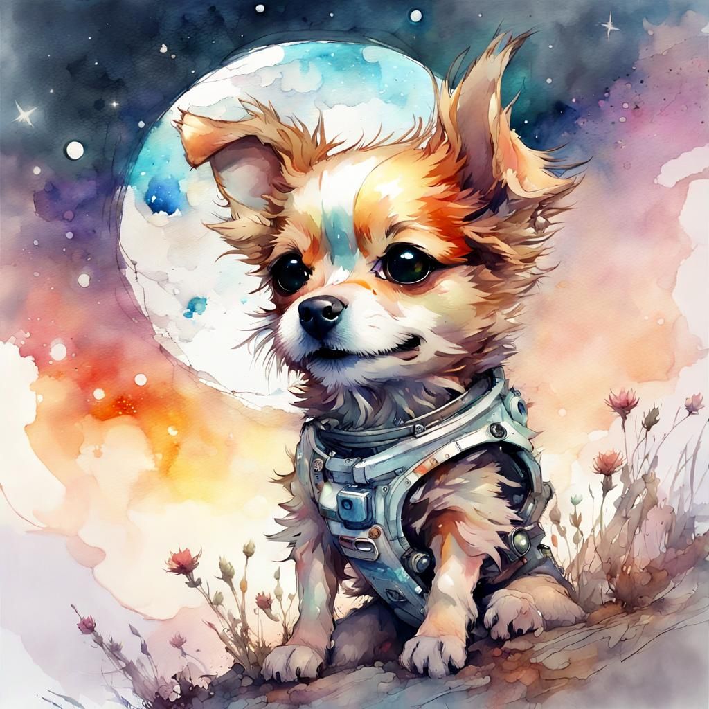 Chibi Rocket Dog in Space, Digital Watercolor Art