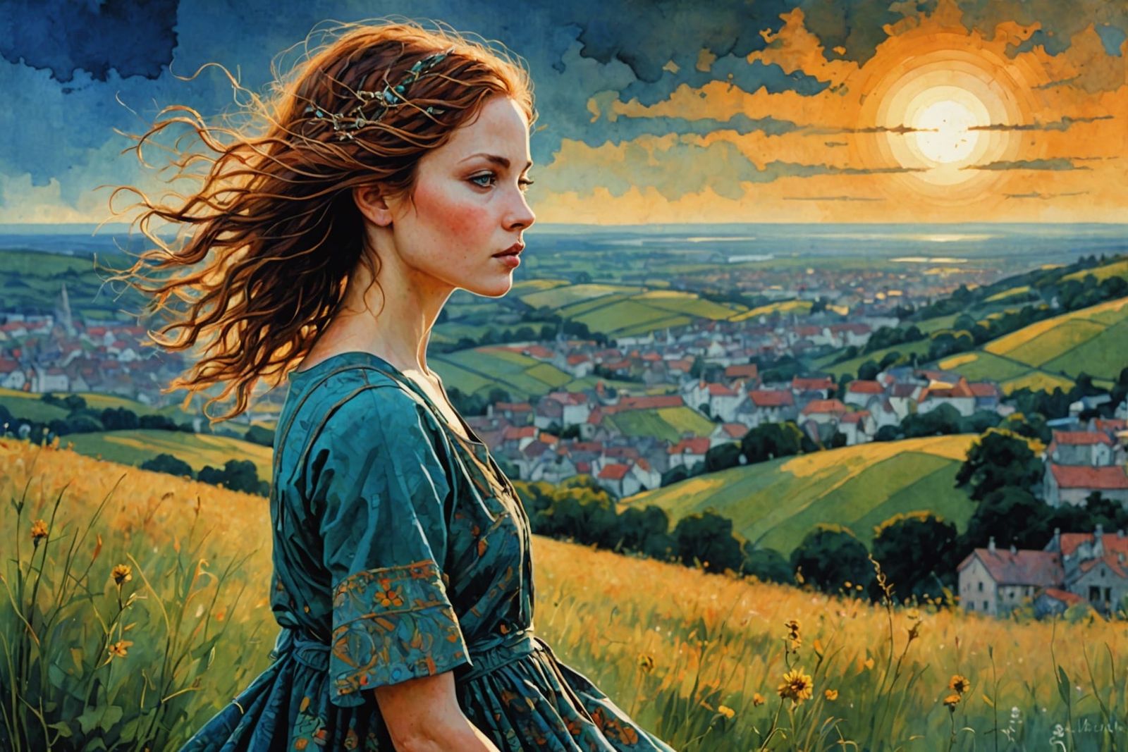 Girl on Windy Hill: Art Brut Liquid Ink Illustration