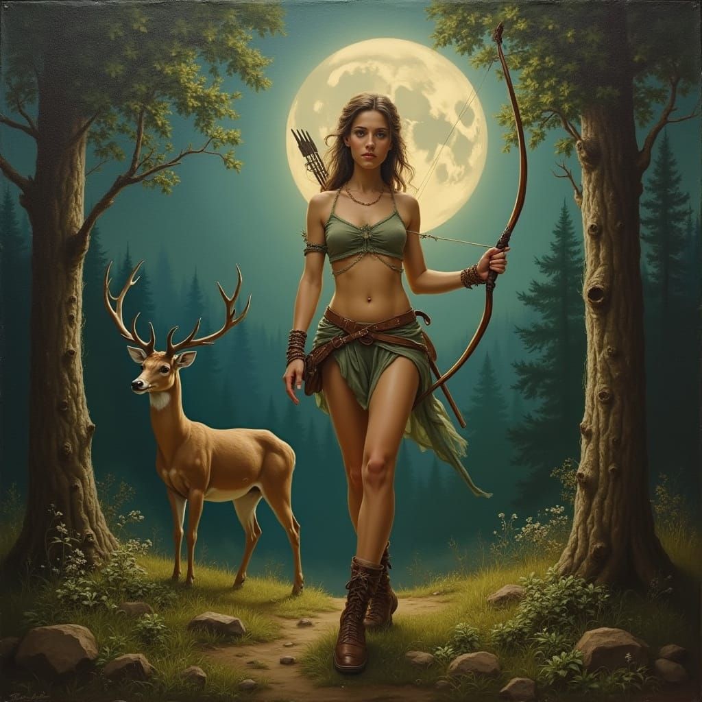 Goddess of the Hunt in a Lush Forest Landscape
