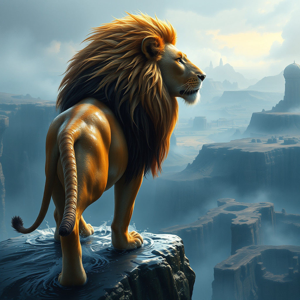 Majestic Lion on Cliff in Fantasy Landscape