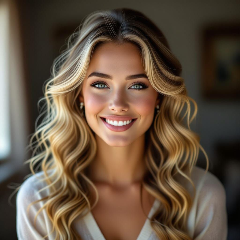 Hyperrealistic Portrait of Woman with Blonde Ringlets