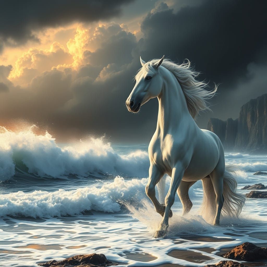 Ethereal Stormy Dawn on Windswept Coastline in Cyberpunk Dig...