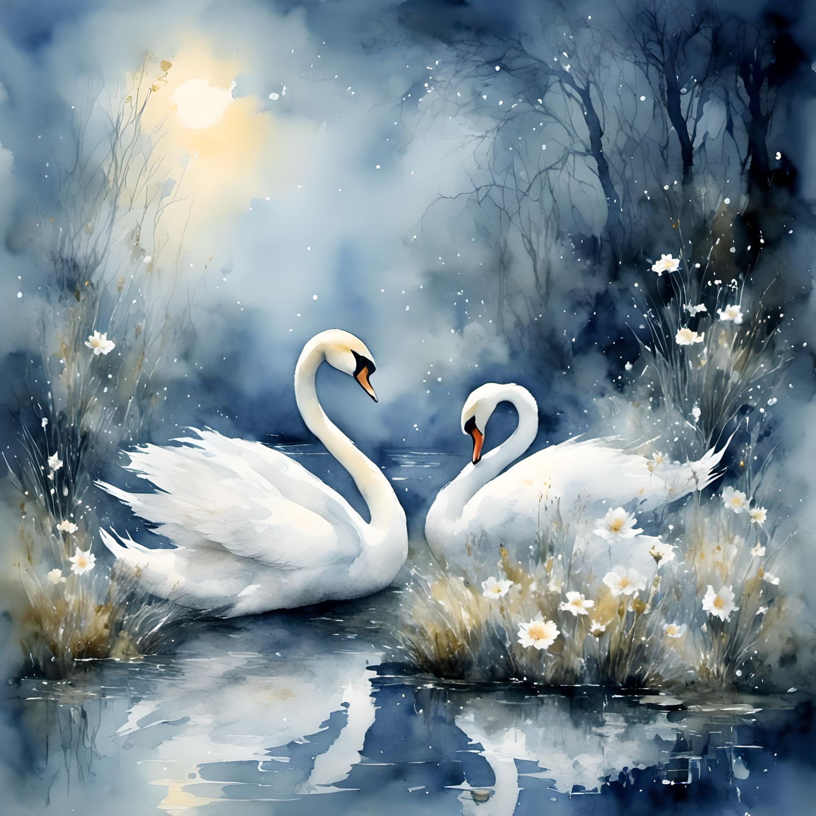 White Swan Couple in Misty Moonlight Watercolor