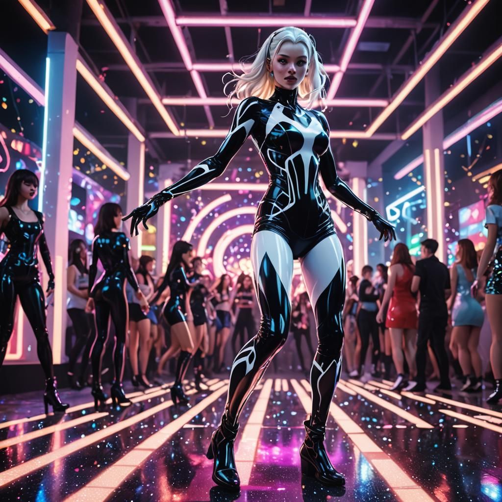 Anime Woman Dancing in Neon Lit Party