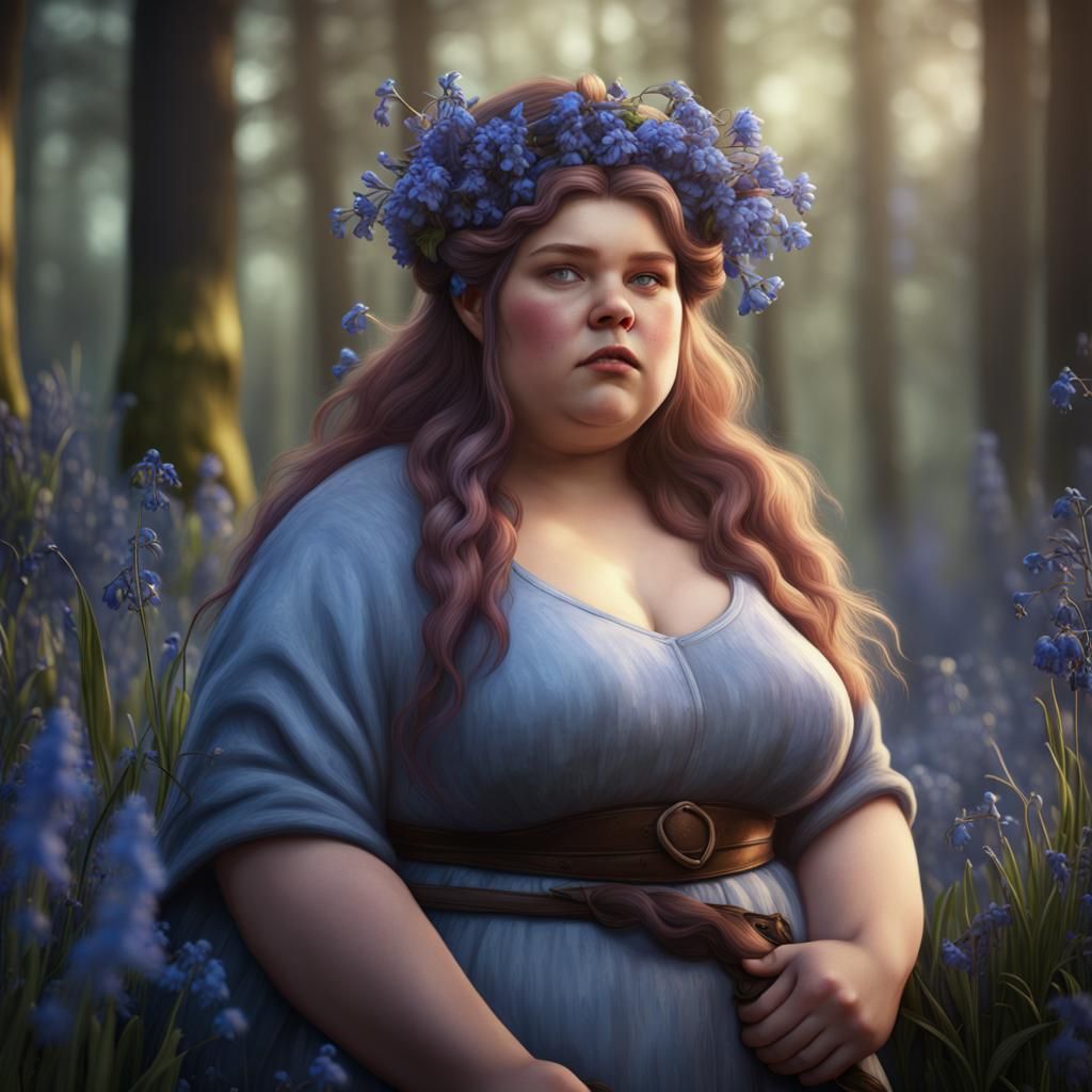 Obese Girl with Bluebells: Detailed Fantasy Art