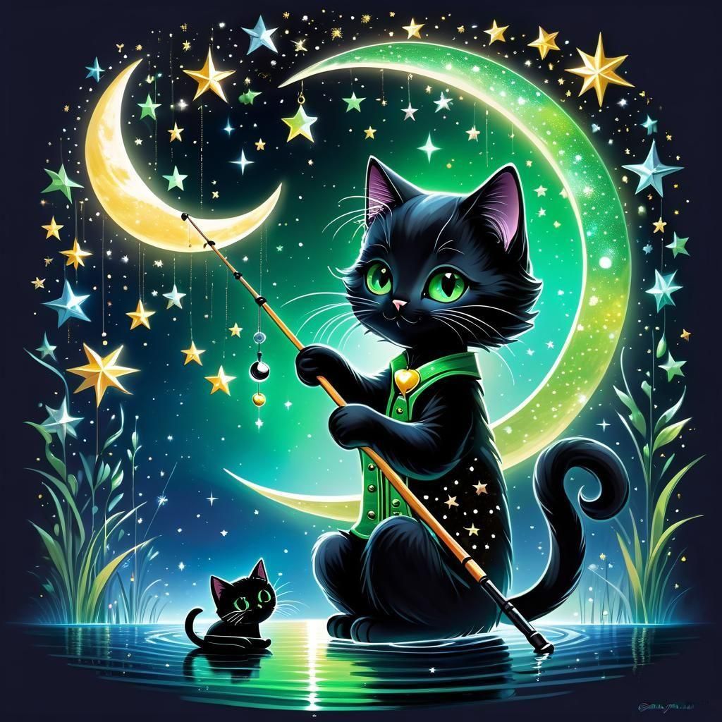 Surreal Collage: Kitty Fishing for Stars