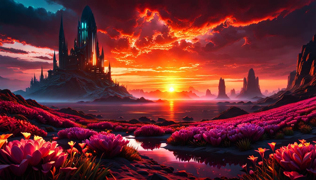 Cinematic Fantasy Landscape with Alien Flowers