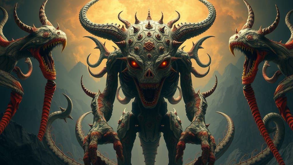 Hybrid Cryptid Monster in Apocalyptic Landscape