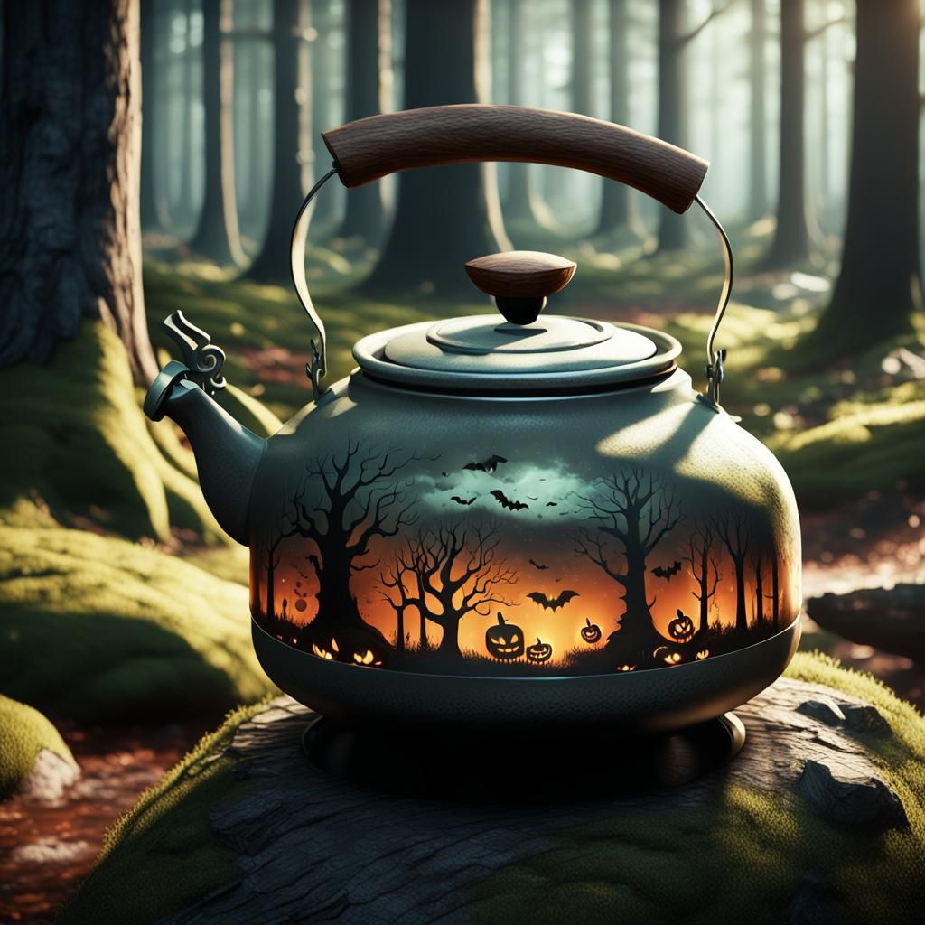 Halloween Tea Kettle in Eerie Forest: Oil Painting