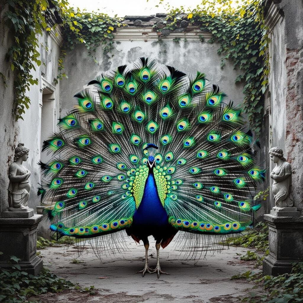 Vibrant Peacock in Abandoned Courtyard - Surreal Contrast