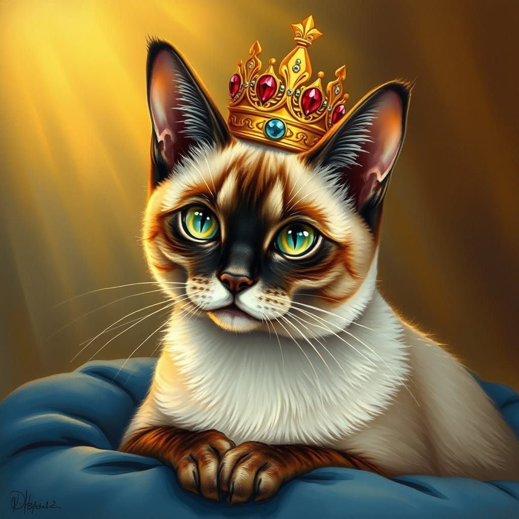 Regal Siamese Cat Wearing a Jeweled Golden Crown