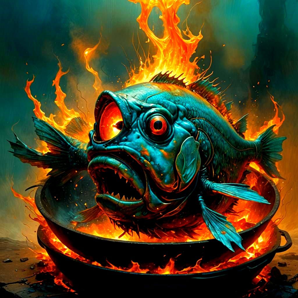 Furious Fish Face in Frying Pan: Detailed Matte Painting