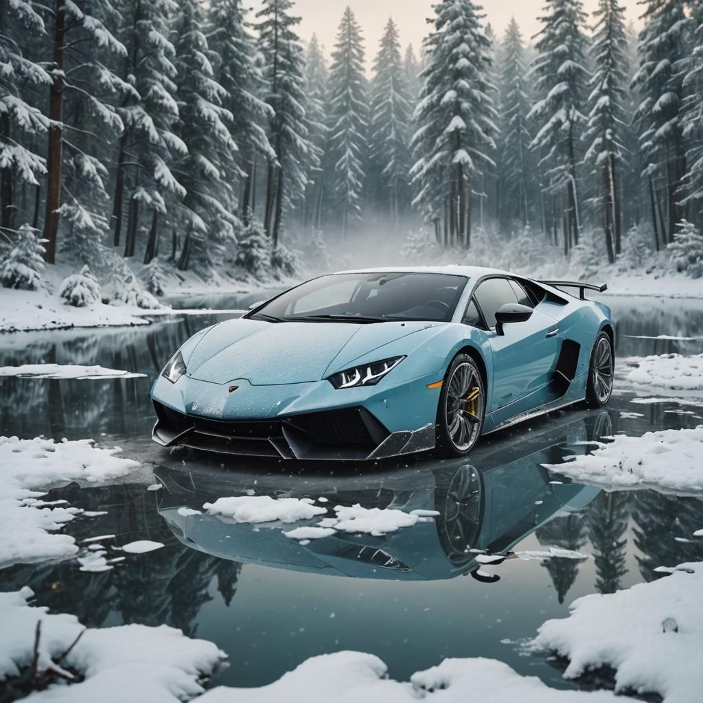 Baby Blue Lamborghini on Frozen Lake: Digital Matte Painting