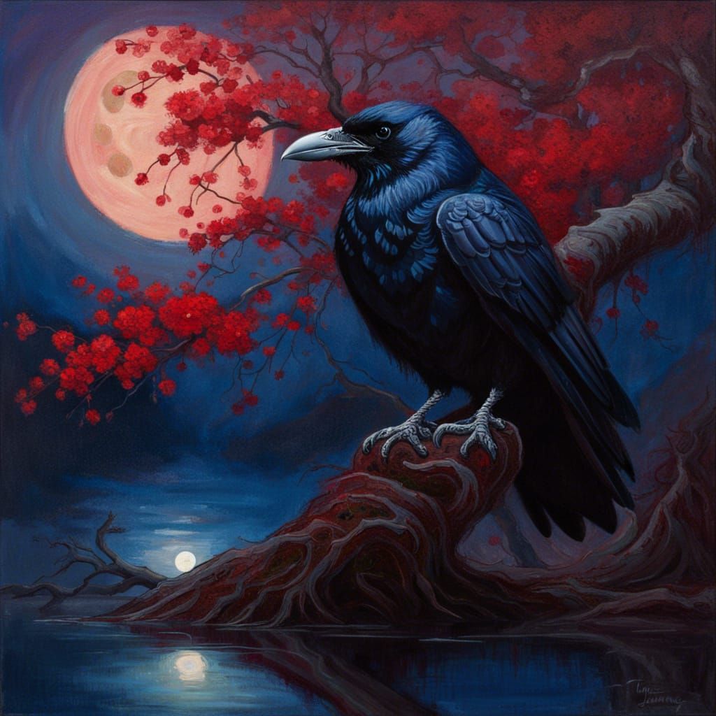 Gothic Raven on a Sakura Branch Oil Painting