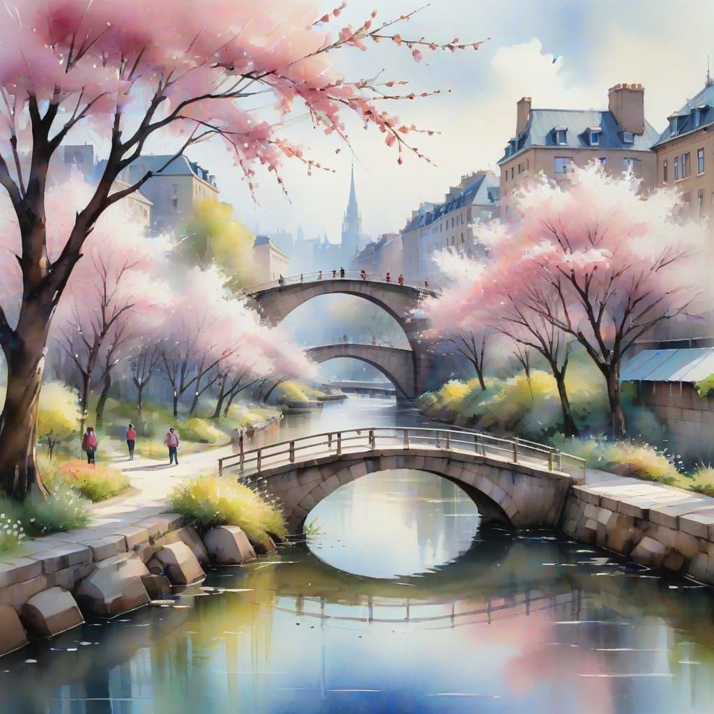 Impressionist Cityscape with Cherry Blossom Trees
