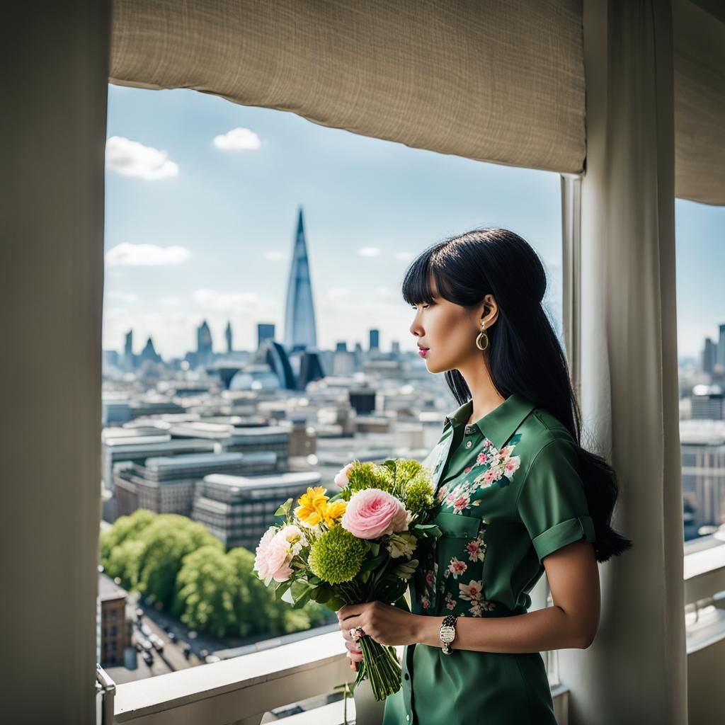 London Balcony View: Woman with Flowers