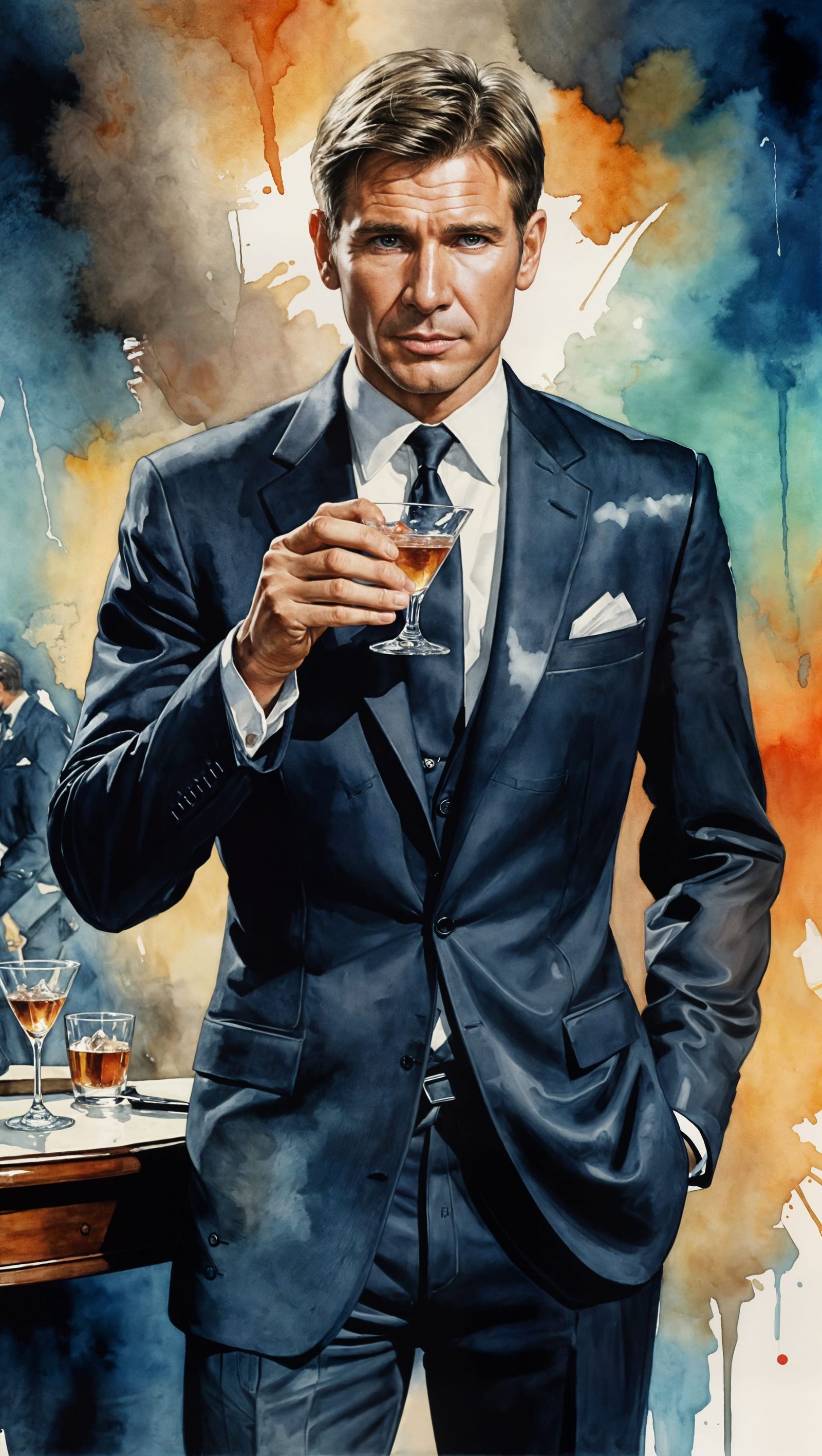 Young Spy Holding Martini, Watercolor Painting