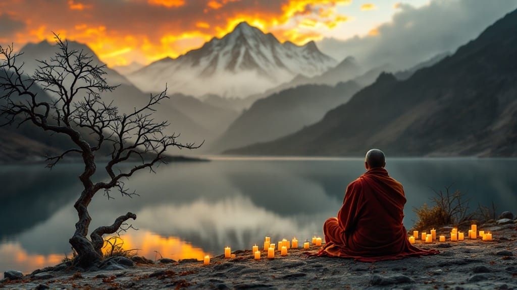 Serene Tibetan Monk Lost in Contemplative Prayer by Tranquil...