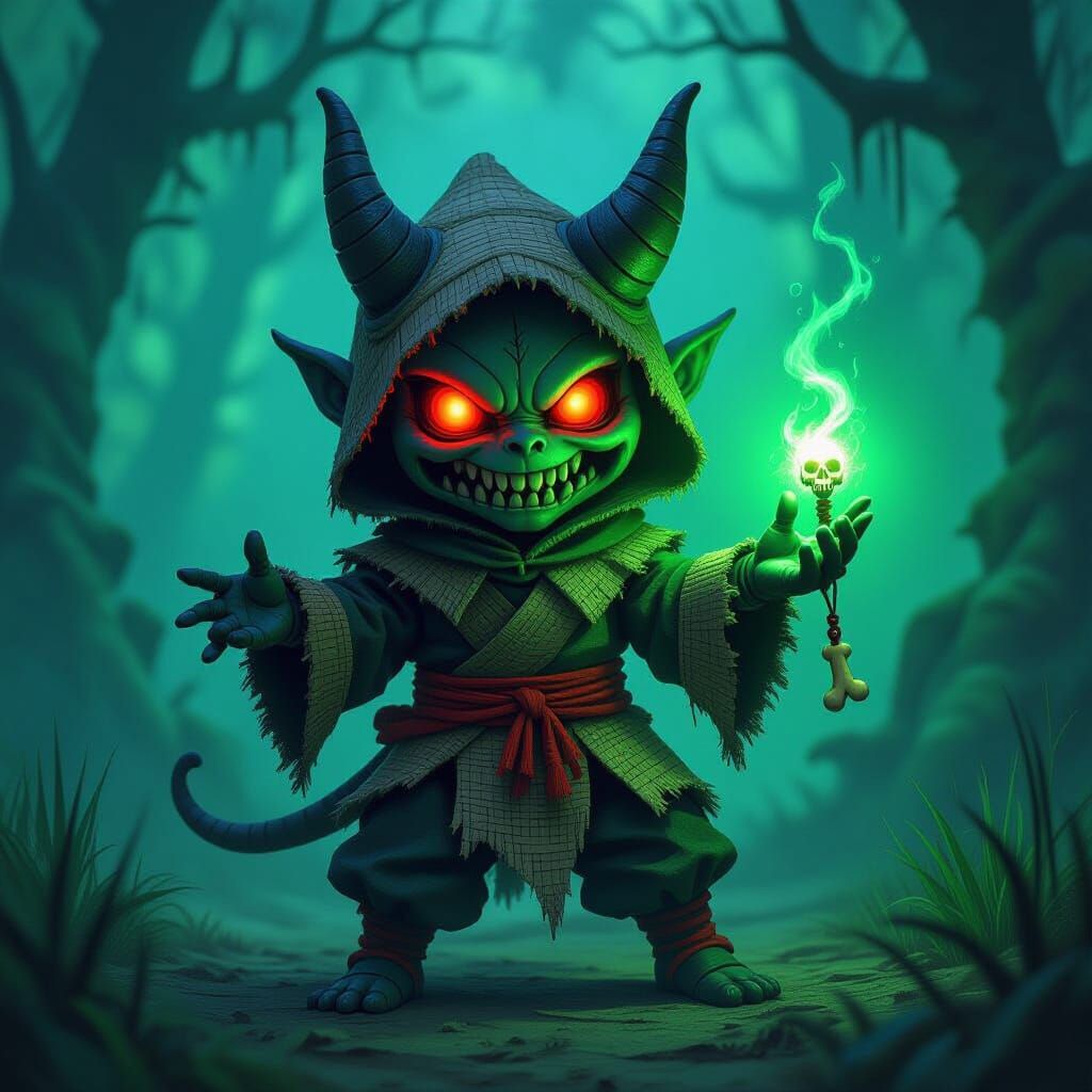 Demonic Kappa Doll in Mystical Forest