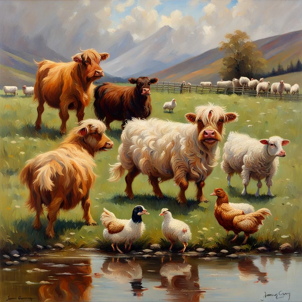 Farm Animals Oil Painting by James Gurney Style
