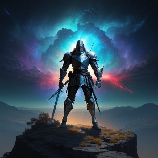 Knight on Cliff in Vibrant Nebula, Retrofuturism Concept Art