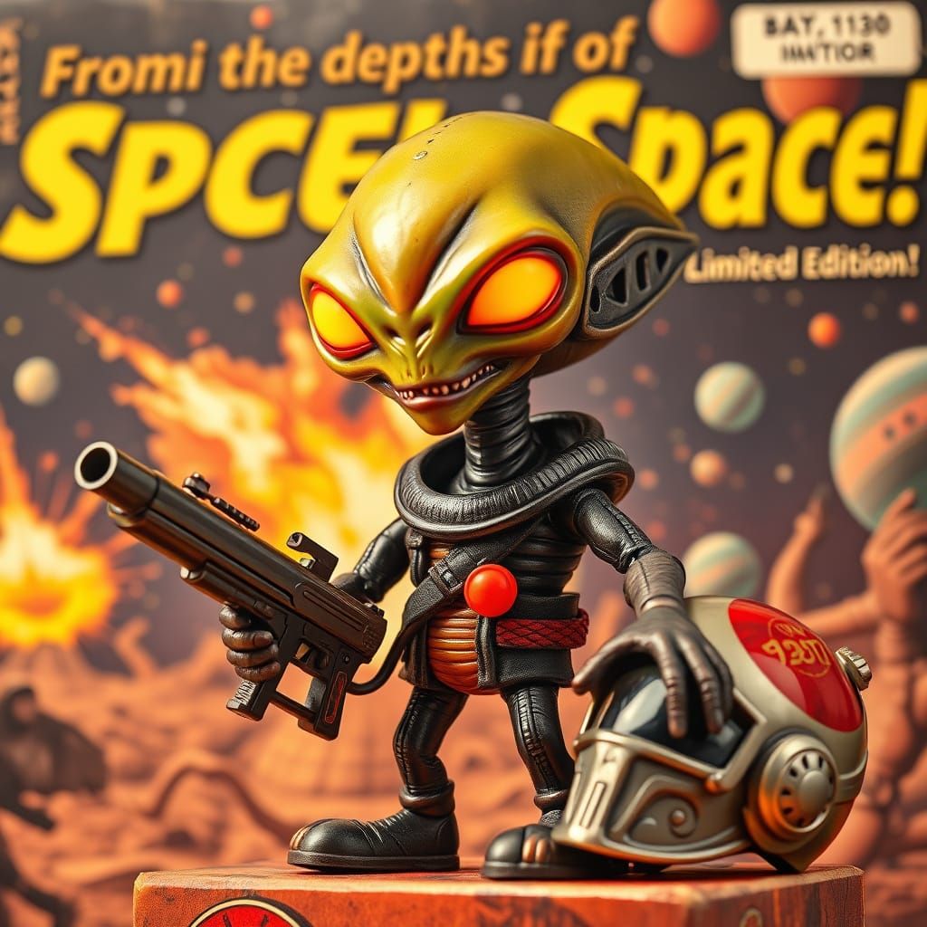 Vintage Sci-Fi Alien Figurine in Space Battle Scene