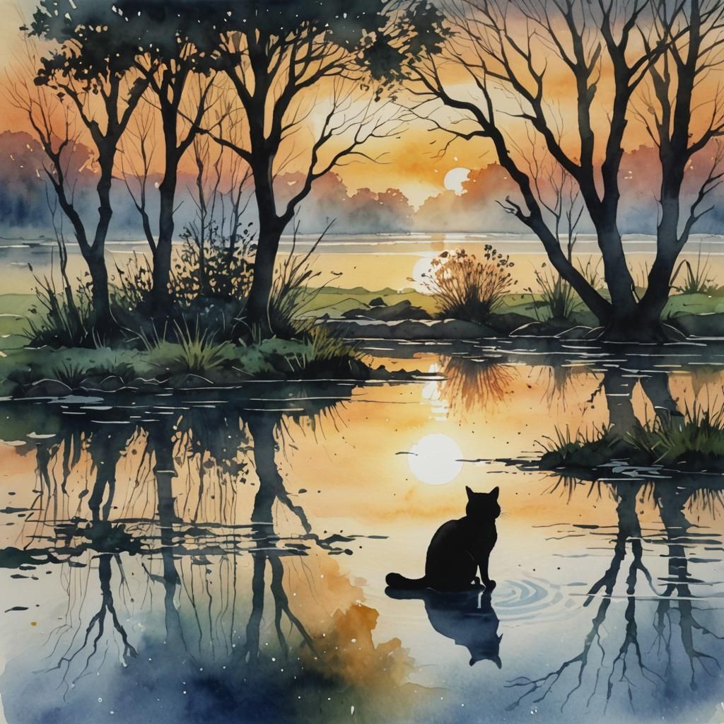 Watercolour Cat Silhouette at Sunrise Pond