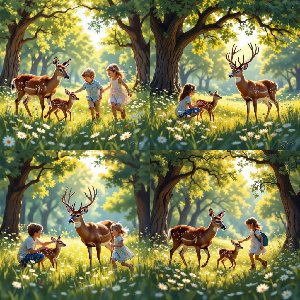 Hyperrealistic Forest Scene: Boy Pets Fawn, Girl Approaches ...