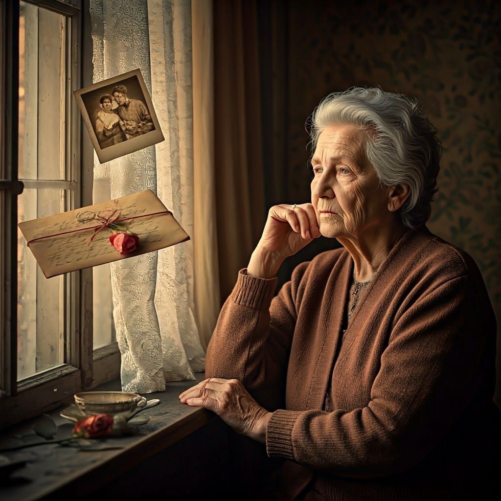 Elderly Woman Contemplating Memories in a Golden Light