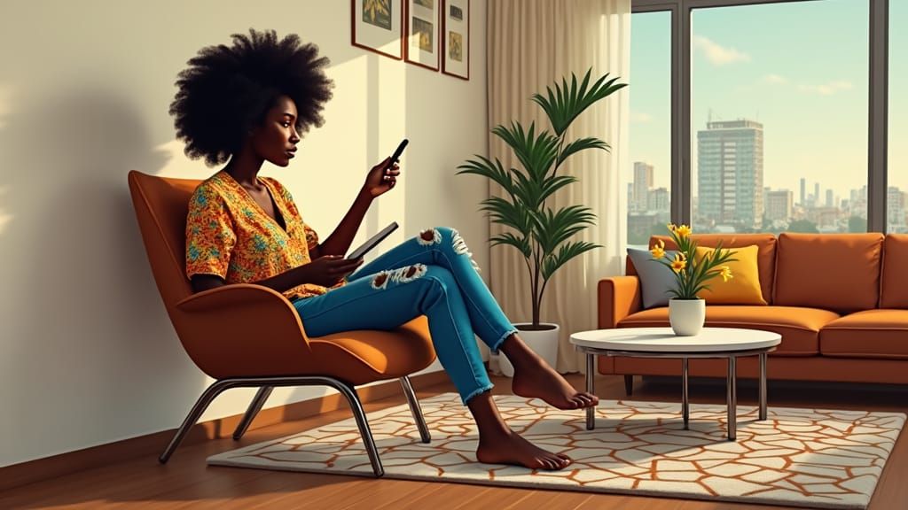 Dark-Skinned Woman Adjusts AC Unit in Modern Living Room
