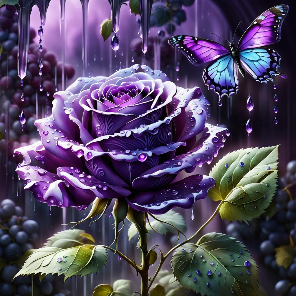Crystal Rose and Butterfly with Grape Rain